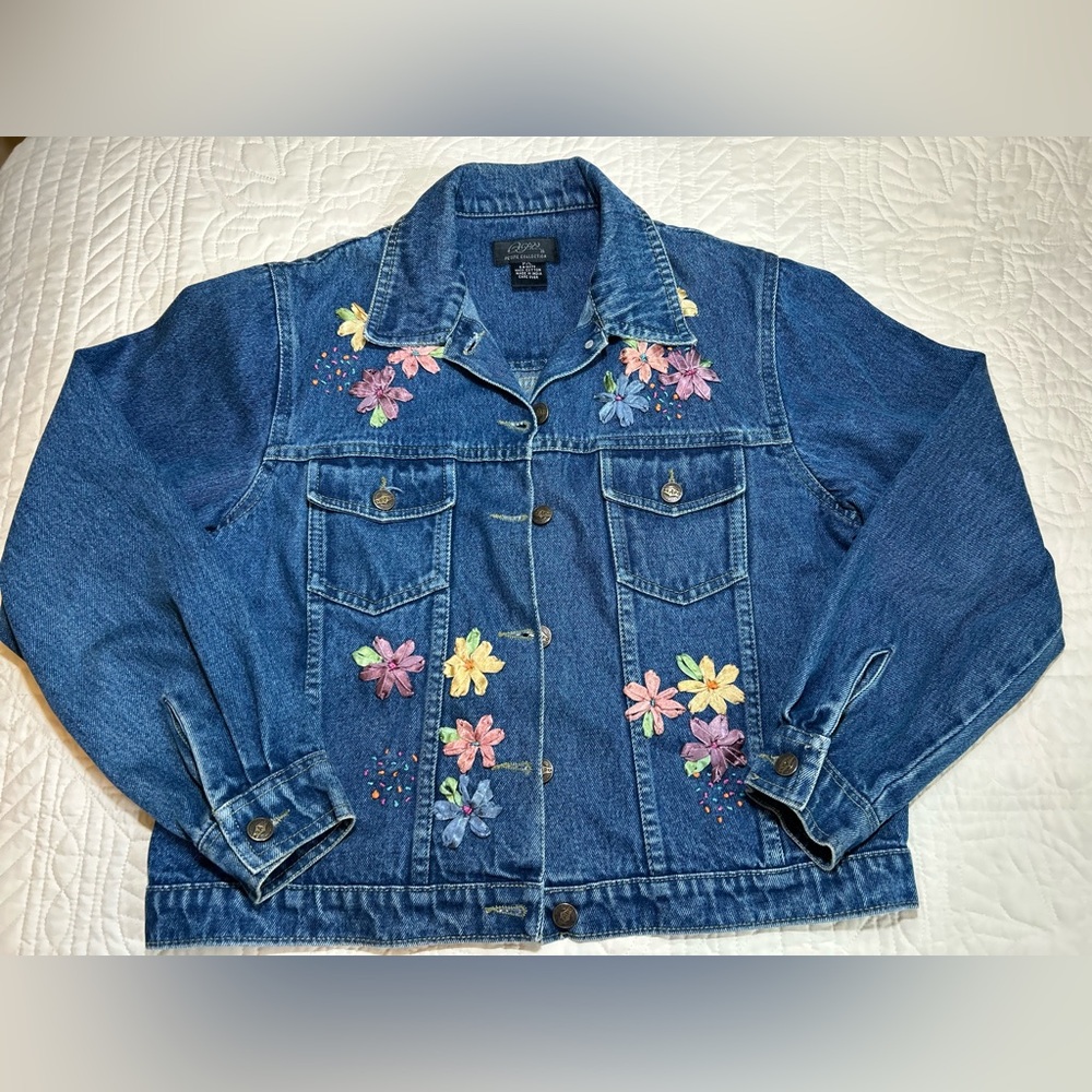 Vtg 80s Agapo Womens Denim Embroidered Jacket Floral Petite Collection Women P/L